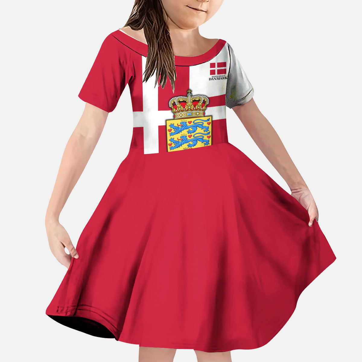 Personalized Denmark Coat Of Arms Kid Short Sleeve Dress Danish Flag Heritage Graphic With Crown Symbolism