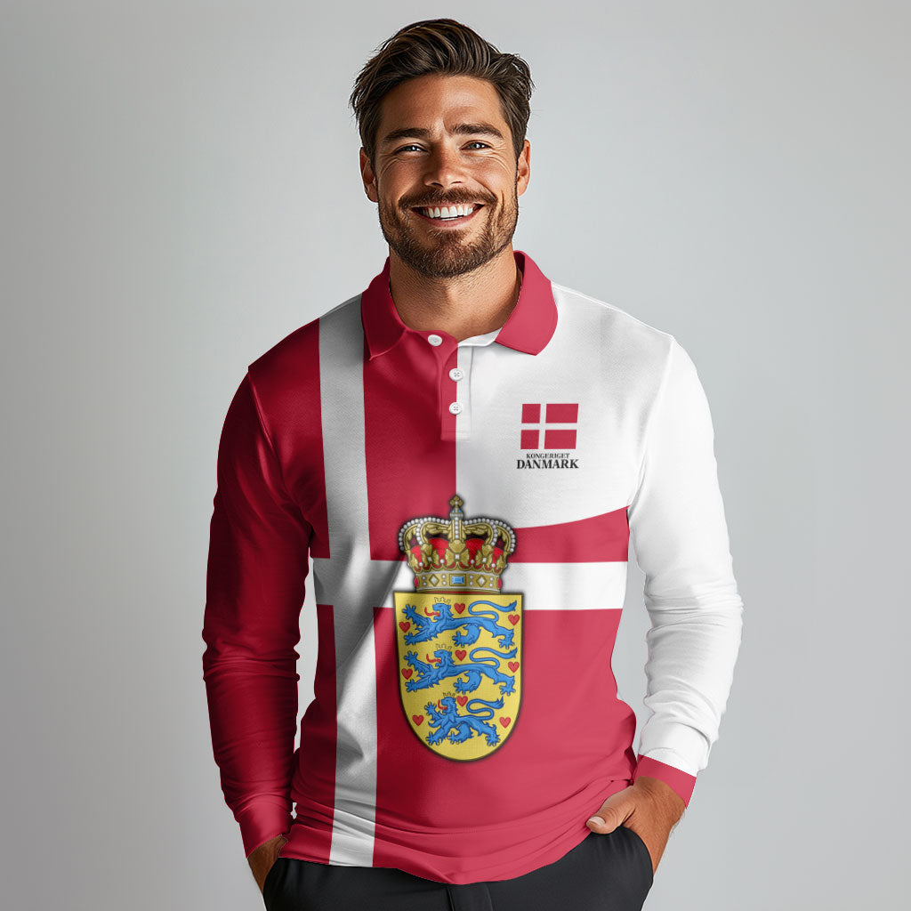 Personalized Denmark Coat Of Arms Long Sleeve Polo Shirt Danish Flag Heritage Graphic With Crown Symbolism