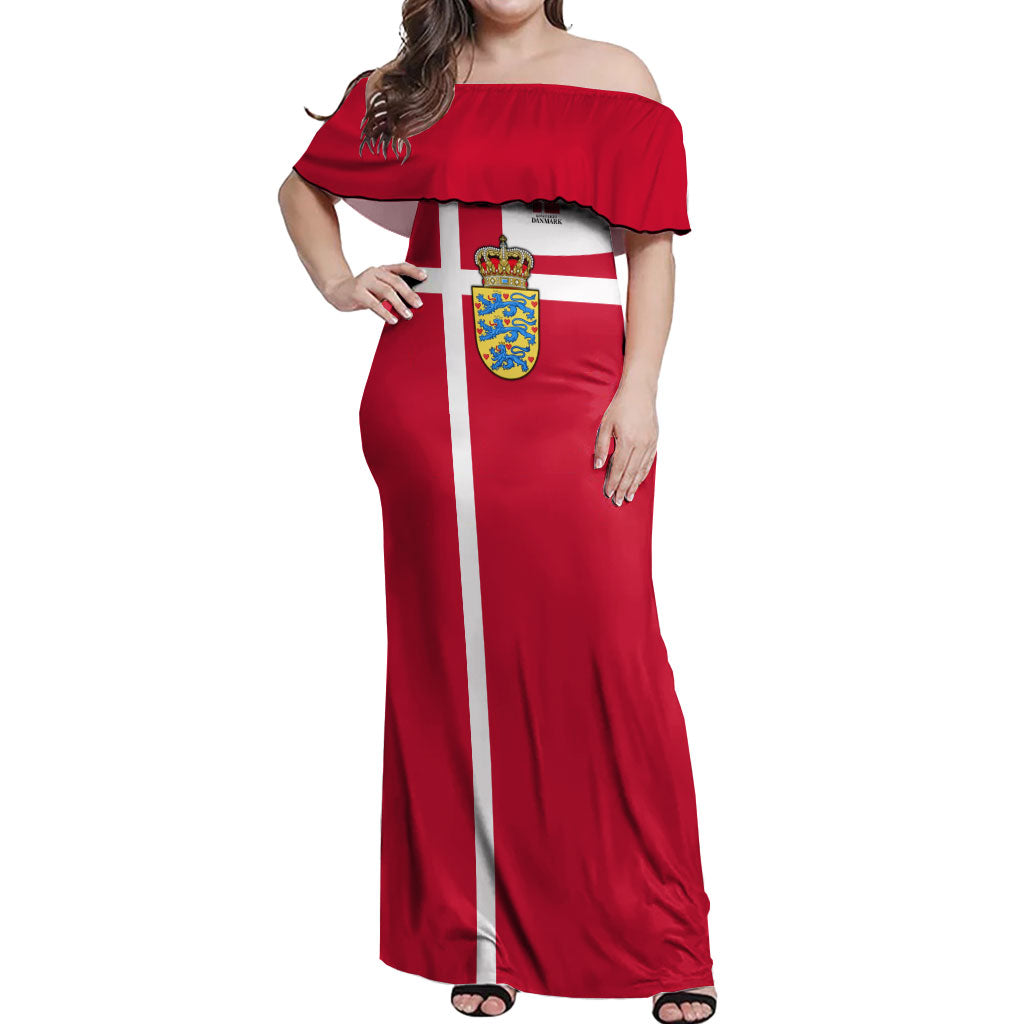 Personalized Denmark Coat Of Arms Off Shoulder Maxi Dress Danish Flag Heritage Graphic With Crown Symbolism