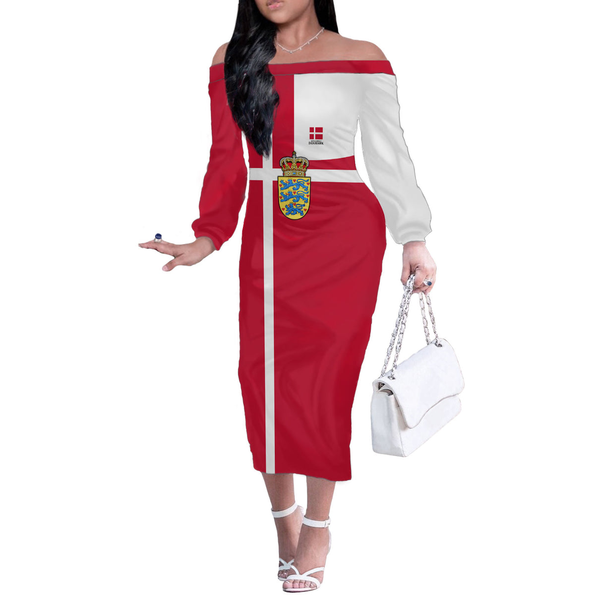 Personalized Denmark Coat Of Arms Off The Shoulder Long Sleeve Dress Danish Flag Heritage Graphic With Crown Symbolism