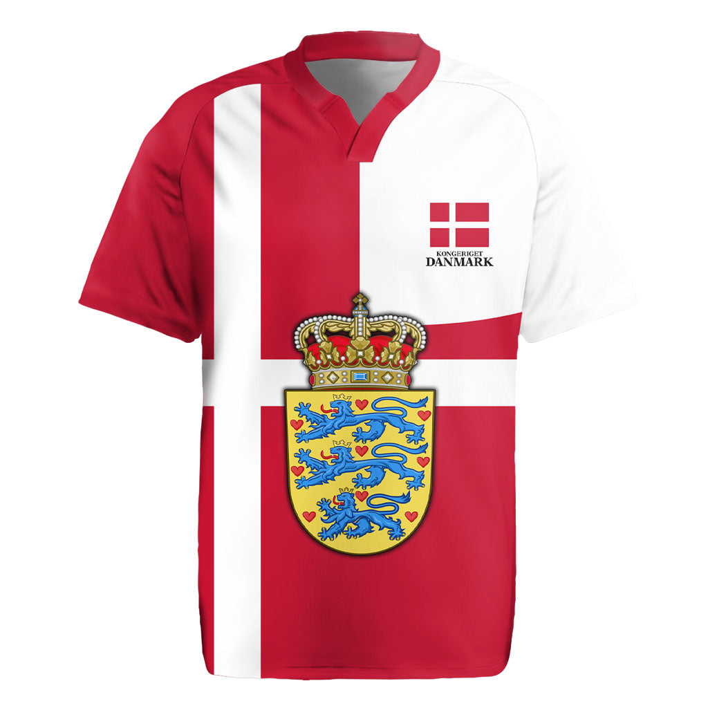 Personalized Denmark Coat Of Arms Rugby Jersey Danish Flag Heritage Graphic With Crown Symbolism