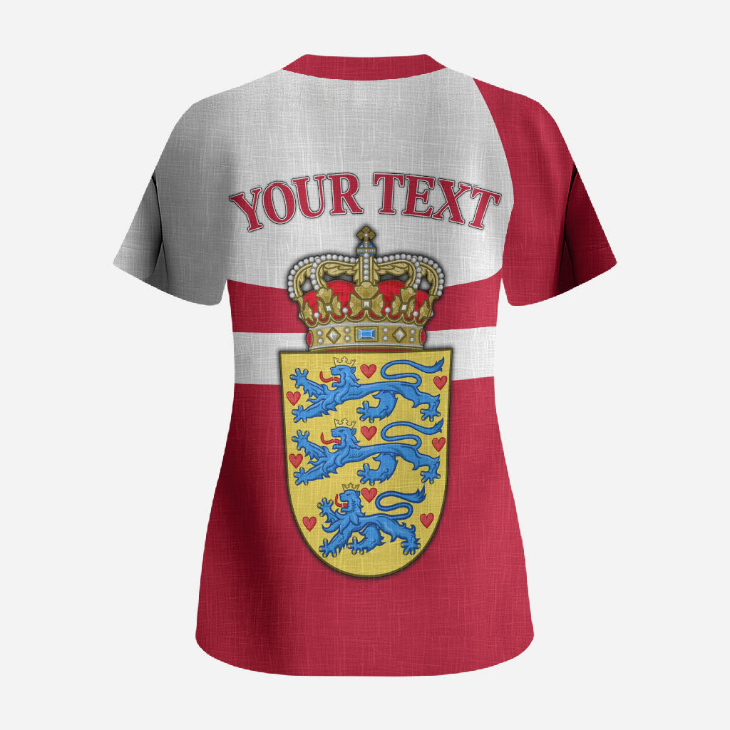 Personalized Denmark Coat Of Arms Scrub Top Danish Flag Heritage Graphic With Crown Symbolism