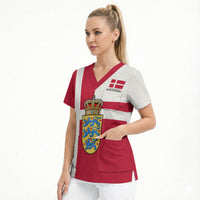 Personalized Denmark Coat Of Arms Scrub Top Danish Flag Heritage Graphic With Crown Symbolism