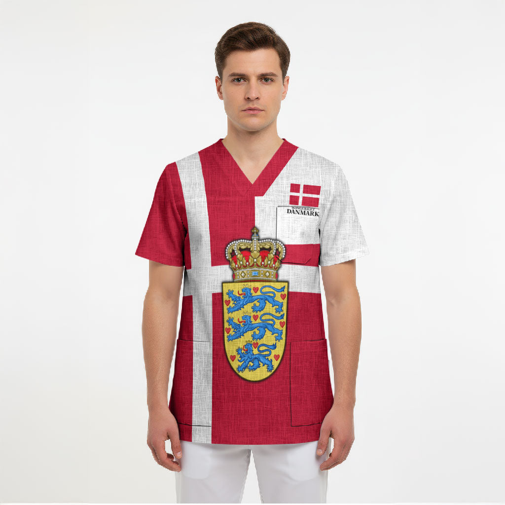 Personalized Denmark Coat Of Arms Scrub Top Danish Flag Heritage Graphic With Crown Symbolism