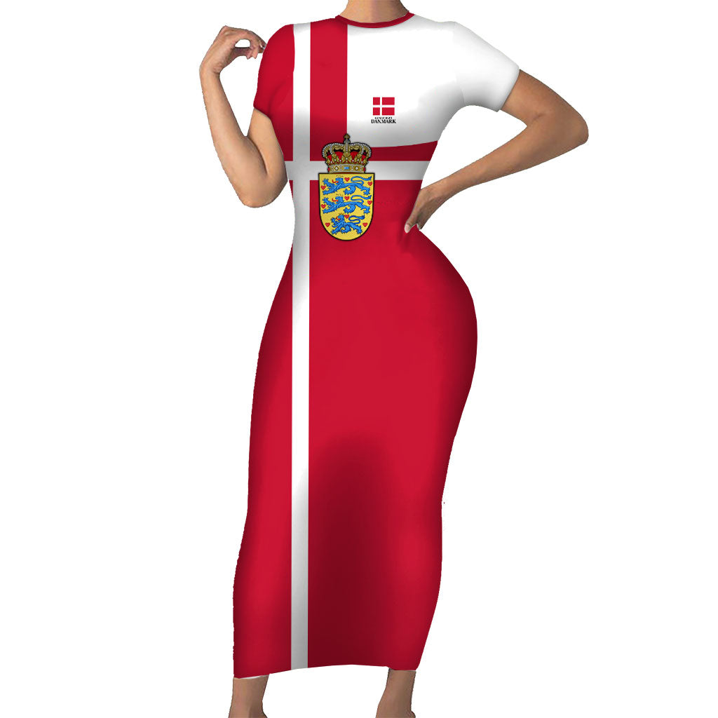 Personalized Denmark Coat Of Arms Short Sleeve Bodycon Dress Danish Flag Heritage Graphic With Crown Symbolism