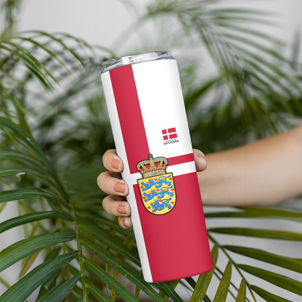 Personalized Denmark Coat Of Arms Skinny Tumbler Danish Flag Heritage Graphic With Crown Symbolism