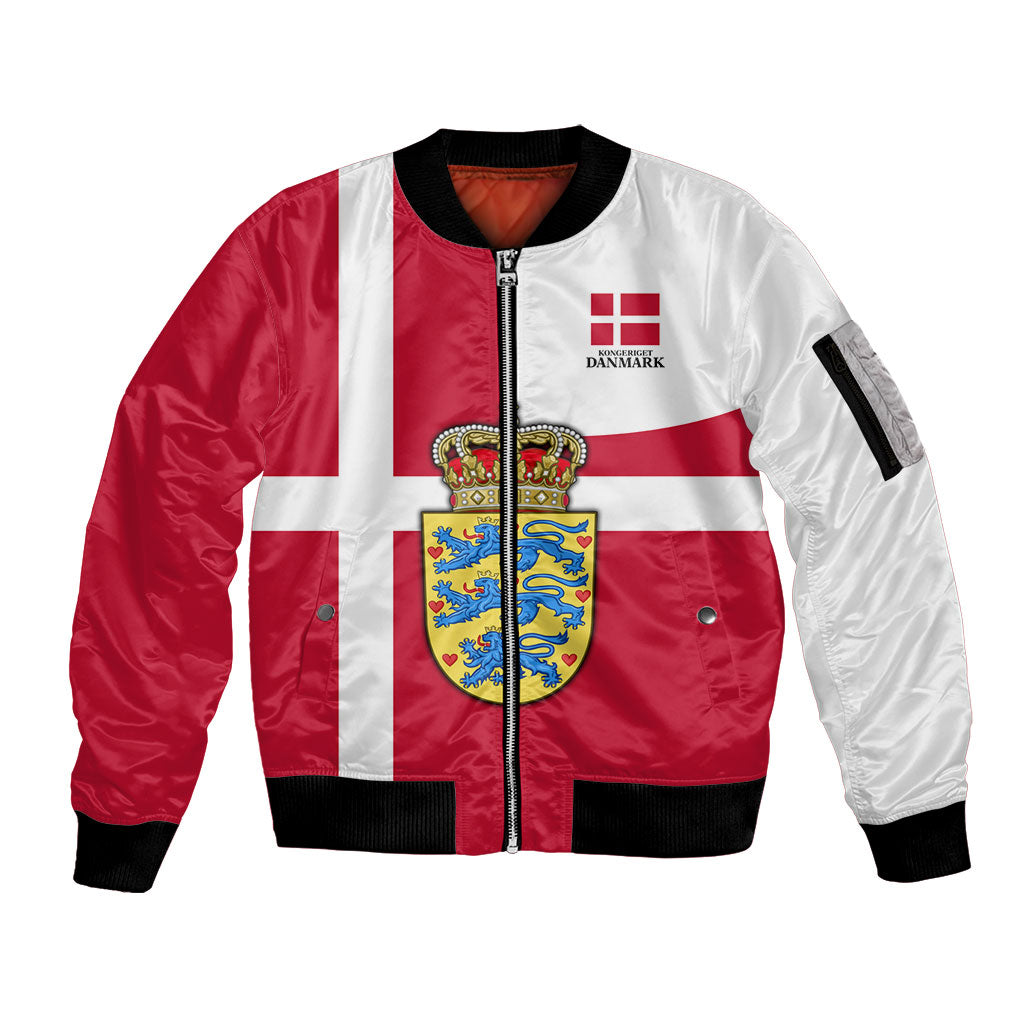 Personalized Denmark Coat Of Arms Sleeve Zip Bomber Jacket Danish Flag Heritage Graphic With Crown Symbolism