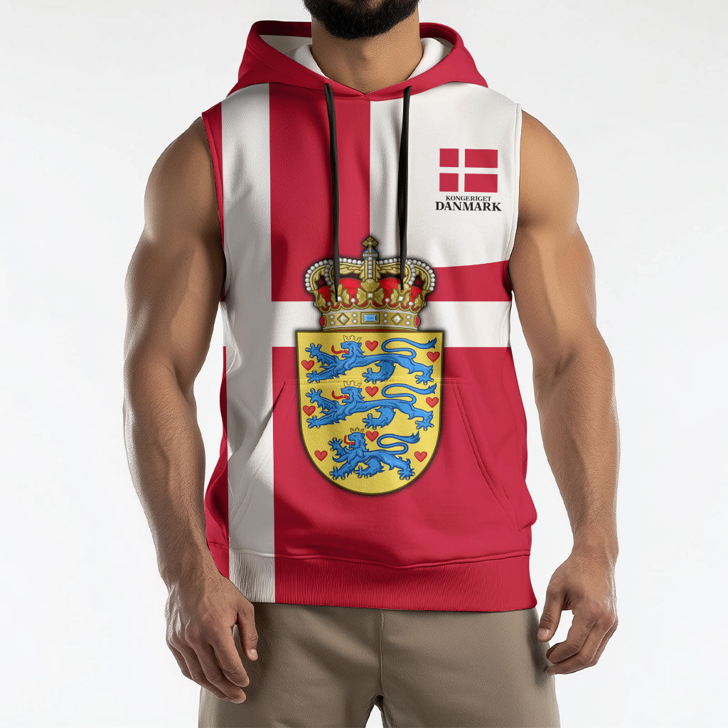 Personalized Denmark Coat Of Arms Sleeveless Hoodie Danish Flag Heritage Graphic With Crown Symbolism