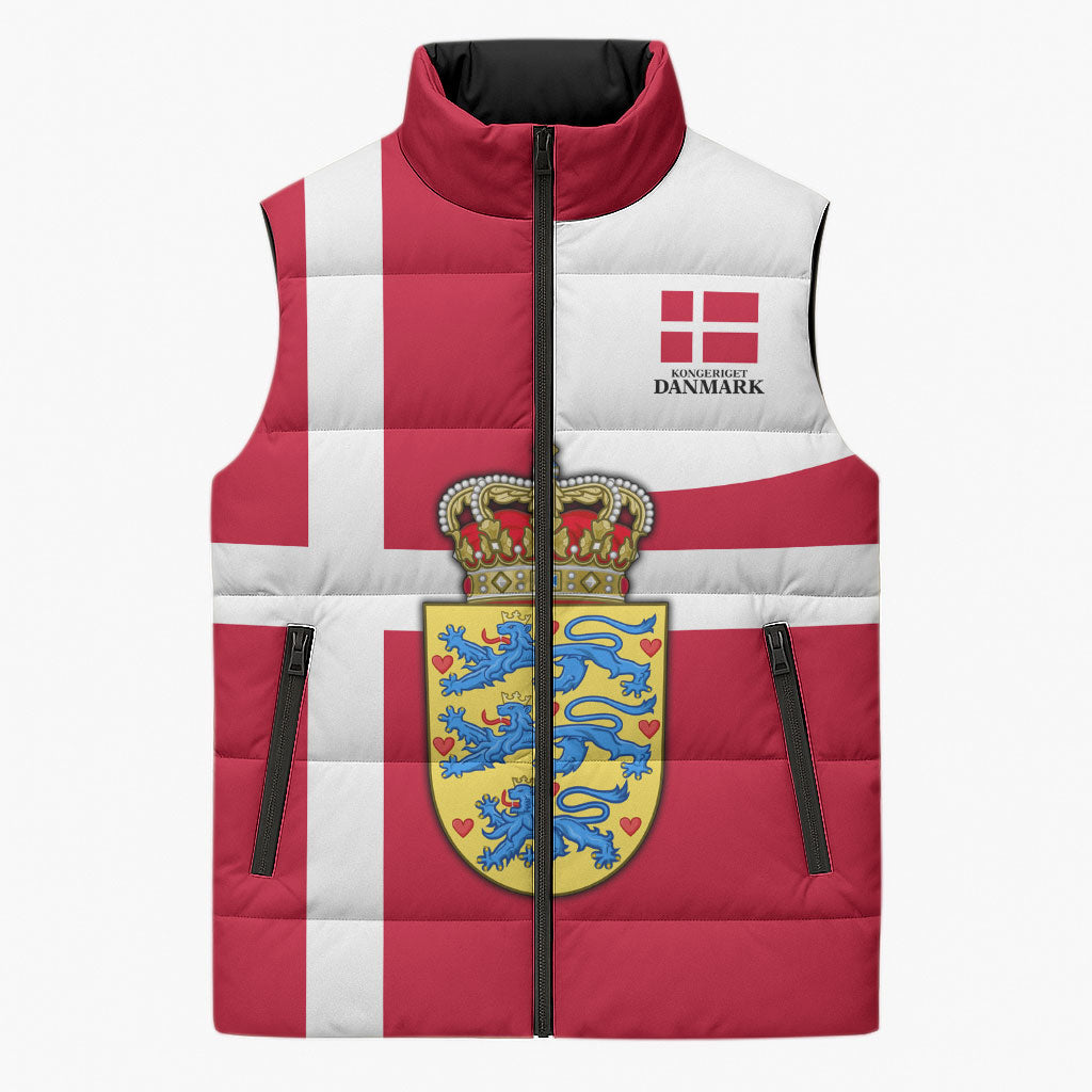 Personalized Denmark Coat Of Arms Sleeveless Puffer Jacket Danish Flag Heritage Graphic With Crown Symbolism