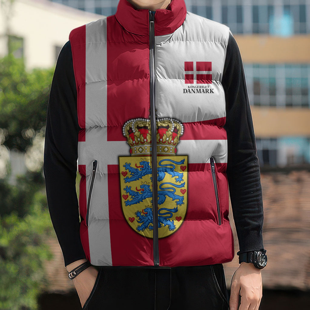 Personalized Denmark Coat Of Arms Sleeveless Puffer Jacket Danish Flag Heritage Graphic With Crown Symbolism