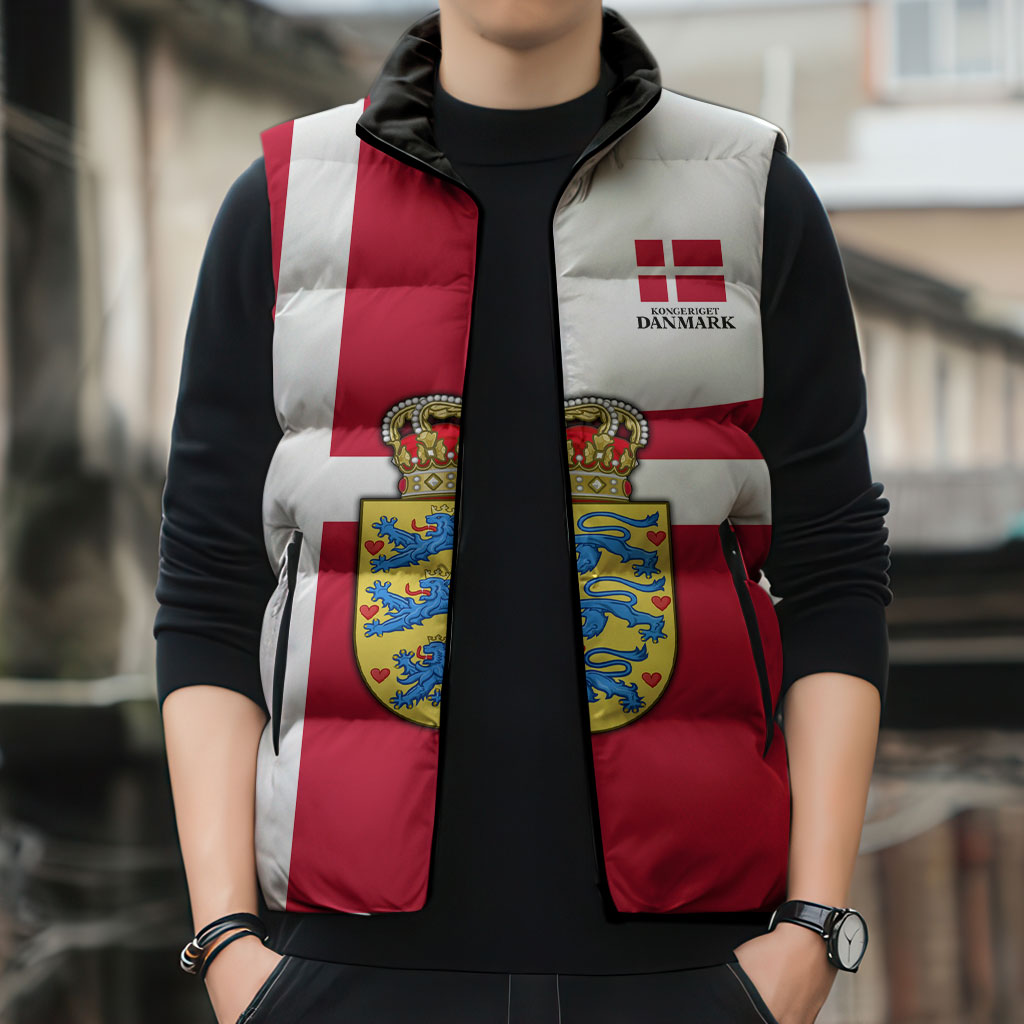 Personalized Denmark Coat Of Arms Sleeveless Puffer Jacket Danish Flag Heritage Graphic With Crown Symbolism