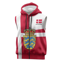 Personalized Denmark Coat Of Arms Sleeveless Zip Hoodie Danish Flag Heritage Graphic With Crown Symbolism