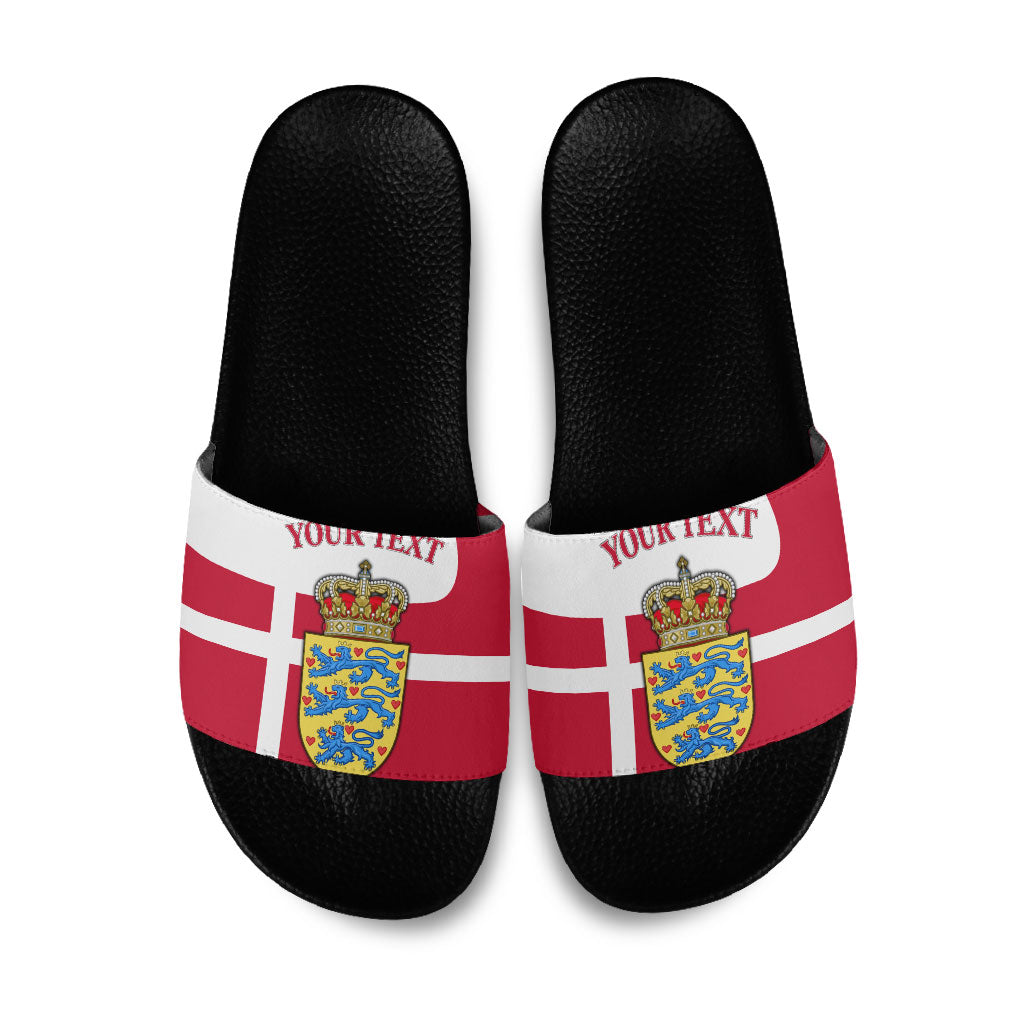 Personalized Denmark Coat Of Arms Slide Sandals Danish Flag Heritage Graphic With Crown Symbolism