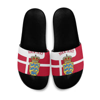Personalized Denmark Coat Of Arms Slide Sandals Danish Flag Heritage Graphic With Crown Symbolism