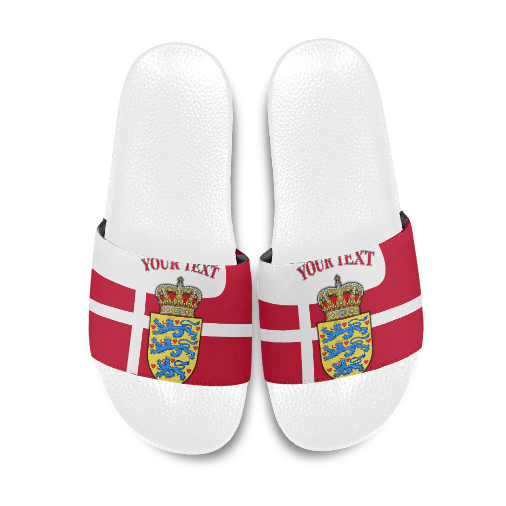 Personalized Denmark Coat Of Arms Slide Sandals Danish Flag Heritage Graphic With Crown Symbolism