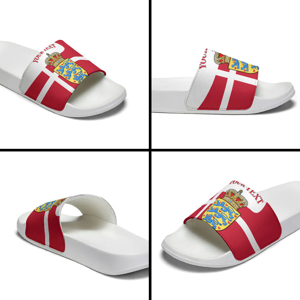 Personalized Denmark Coat Of Arms Slide Sandals Danish Flag Heritage Graphic With Crown Symbolism