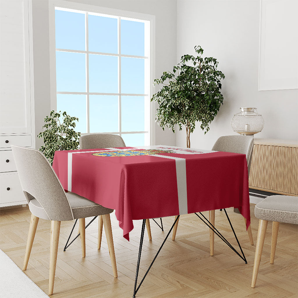 Personalized Denmark Coat Of Arms Tablecloth Danish Flag Heritage Graphic With Crown Symbolism