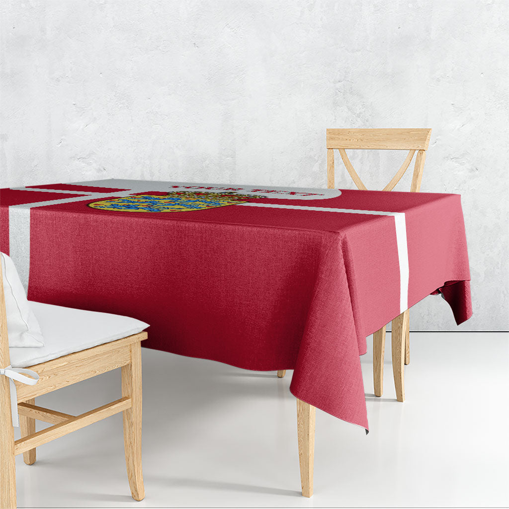 Personalized Denmark Coat Of Arms Tablecloth Danish Flag Heritage Graphic With Crown Symbolism