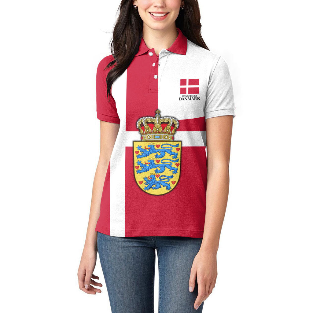 Personalized Denmark Coat Of Arms Women Polo Shirt Danish Flag Heritage Graphic With Crown Symbolism