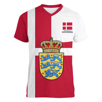 Personalized Denmark Coat Of Arms Women V-Neck T-Shirt Danish Flag Heritage Graphic With Crown Symbolism