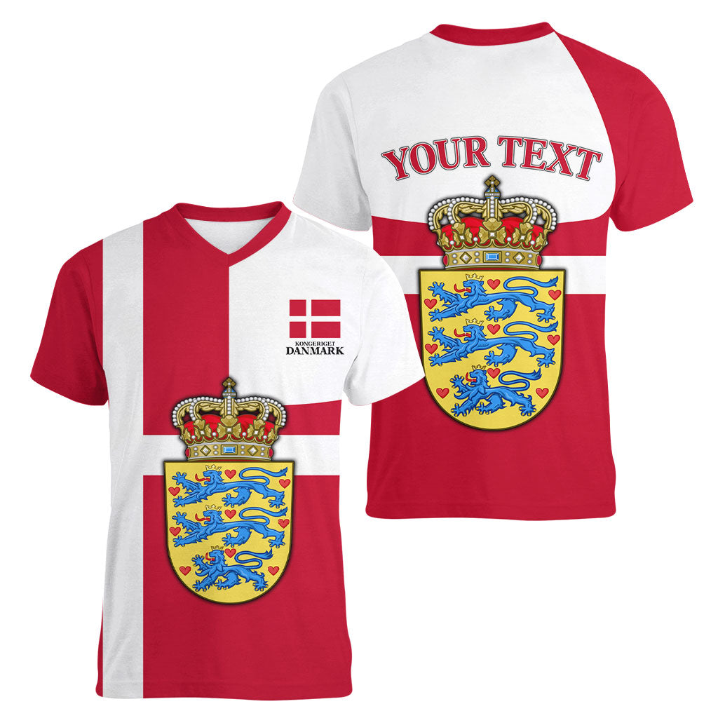 Personalized Denmark Coat Of Arms Women V-Neck T-Shirt Danish Flag Heritage Graphic With Crown Symbolism