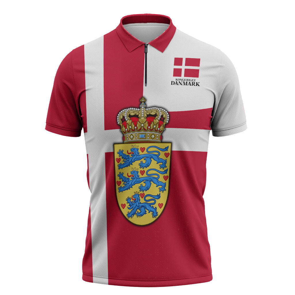 Personalized Denmark Coat Of Arms Zipper Polo Shirt Danish Flag Heritage Graphic With Crown Symbolism