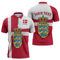 Personalized Denmark Coat Of Arms Zipper Polo Shirt Danish Flag Heritage Graphic With Crown Symbolism