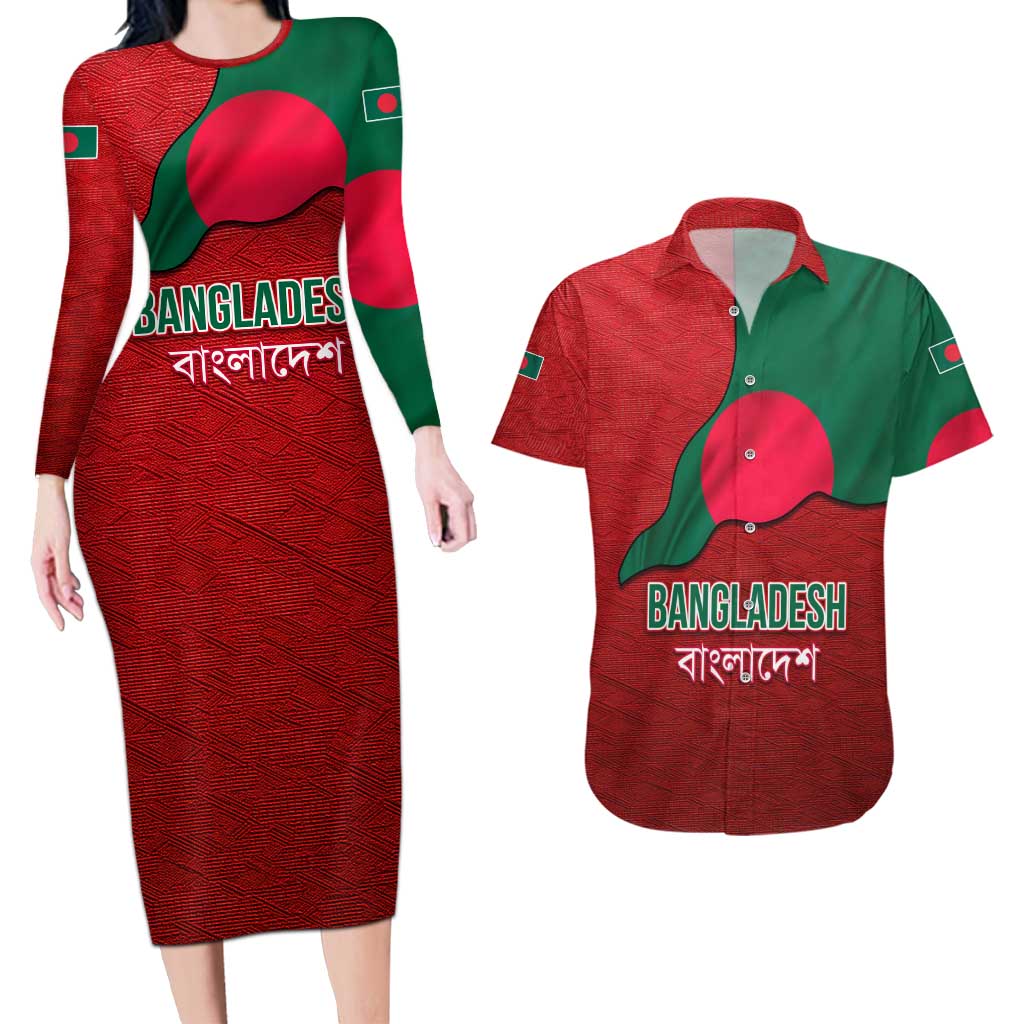 Bangladesh Couples Matching Long Sleeve Bodycon Dress and Hawaiian Shirt with National Flag Design and Bengali Script