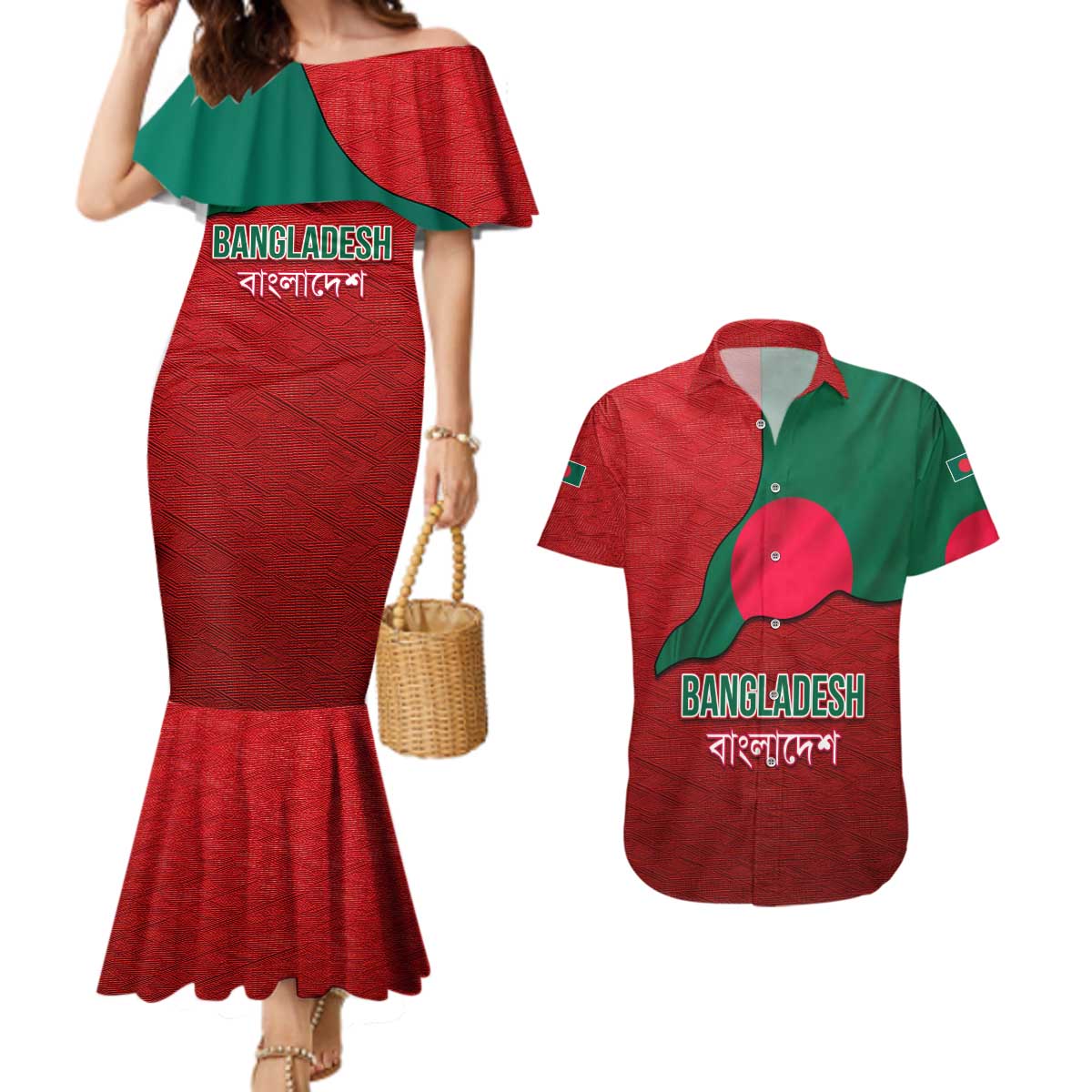 Bangladesh Couples Matching Mermaid Dress and Hawaiian Shirt with National Flag Design and Bengali Script