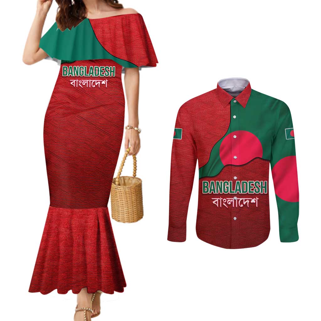 Bangladesh Couples Matching Mermaid Dress and Long Sleeve Button Shirt with National Flag Design and Bengali Script
