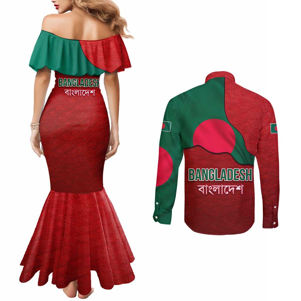 Bangladesh Couples Matching Mermaid Dress and Long Sleeve Button Shirt with National Flag Design and Bengali Script