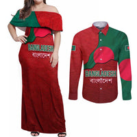 Bangladesh Couples Matching Off Shoulder Maxi Dress and Long Sleeve Button Shirt with National Flag Design and Bengali Script