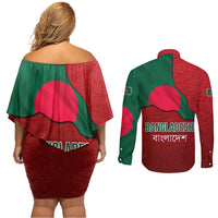 Bangladesh Couples Matching Off Shoulder Short Dress and Long Sleeve Button Shirt with National Flag Design and Bengali Script