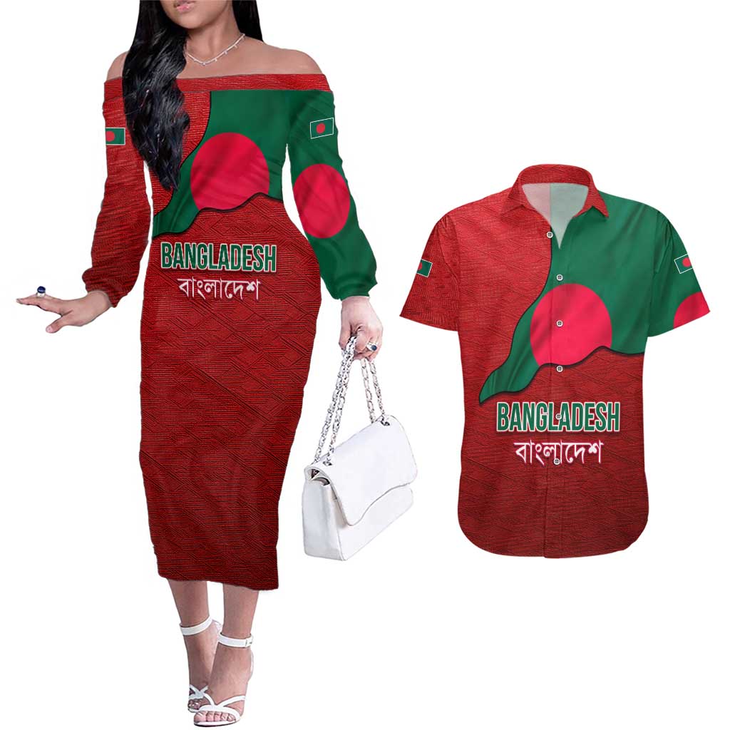 Bangladesh Couples Matching Off The Shoulder Long Sleeve Dress and Hawaiian Shirt with National Flag Design and Bengali Script