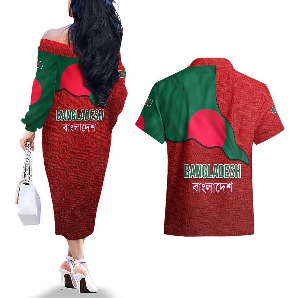 Bangladesh Couples Matching Off The Shoulder Long Sleeve Dress and Hawaiian Shirt with National Flag Design and Bengali Script