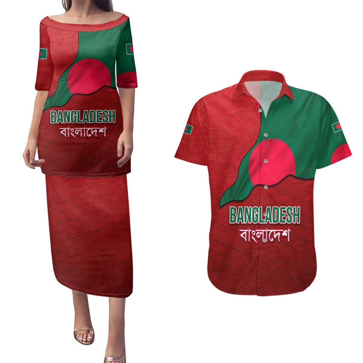 Bangladesh Couples Matching Puletasi and Hawaiian Shirt with National Flag Design and Bengali Script