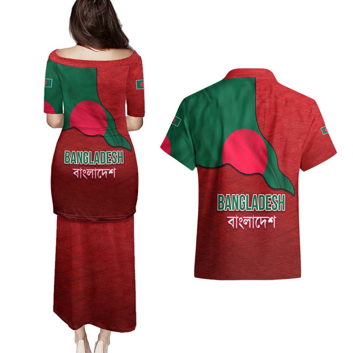 Bangladesh Couples Matching Puletasi and Hawaiian Shirt with National Flag Design and Bengali Script