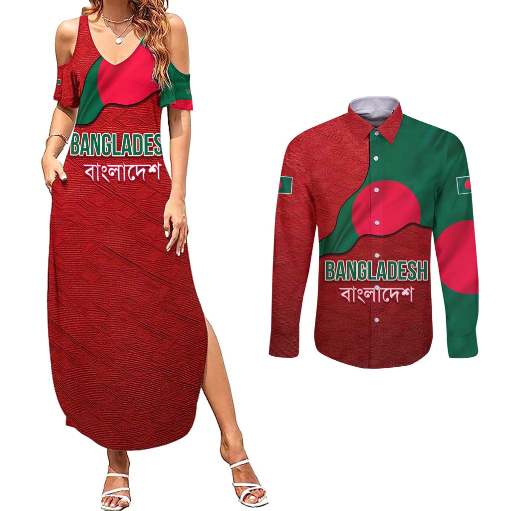 Bangladesh Couples Matching Summer Maxi Dress and Long Sleeve Button Shirt with National Flag Design and Bengali Script