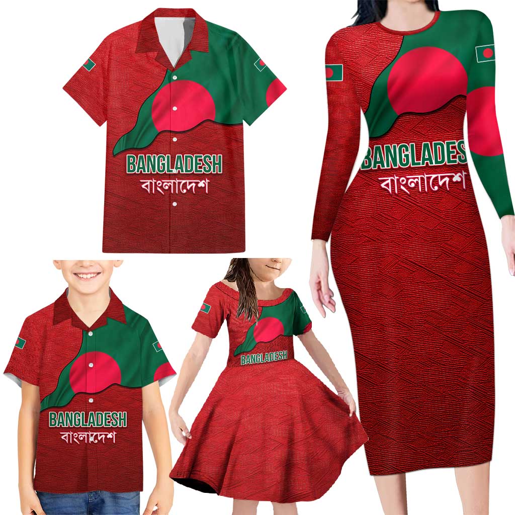 Bangladesh Family Matching Long Sleeve Bodycon Dress and Hawaiian Shirt with National Flag Design and Bengali Script