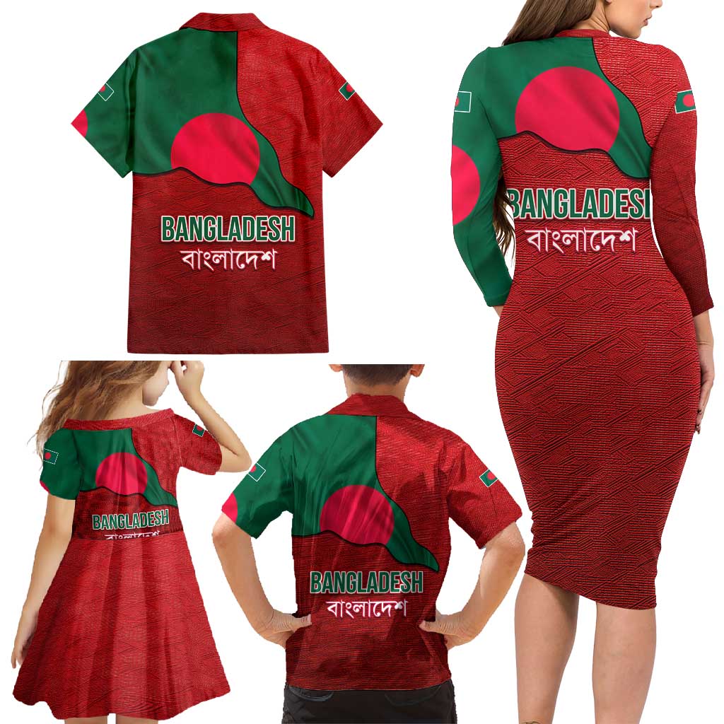 Bangladesh Family Matching Long Sleeve Bodycon Dress and Hawaiian Shirt with National Flag Design and Bengali Script