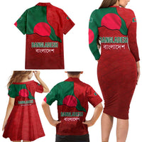 Bangladesh Family Matching Long Sleeve Bodycon Dress and Hawaiian Shirt with National Flag Design and Bengali Script