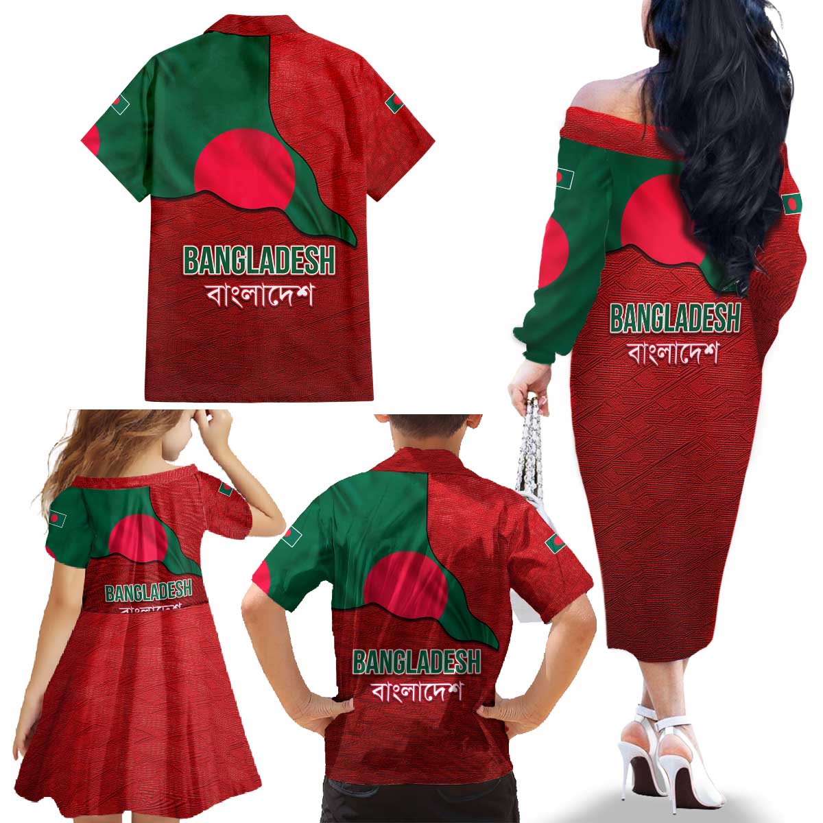 Bangladesh Family Matching Off The Shoulder Long Sleeve Dress and Hawaiian Shirt with National Flag Design and Bengali Script