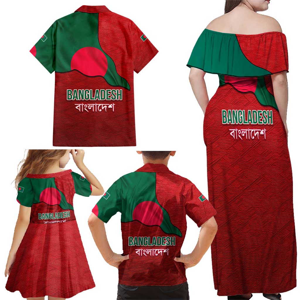Bangladesh Family Matching Off Shoulder Maxi Dress and Hawaiian Shirt with National Flag Design and Bengali Script