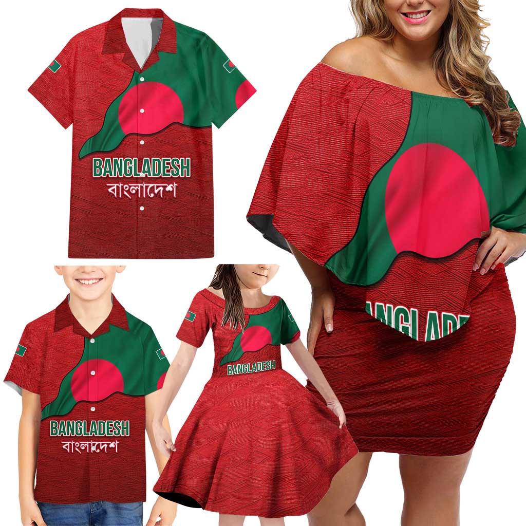 Bangladesh Family Matching Off Shoulder Short Dress and Hawaiian Shirt with National Flag Design and Bengali Script