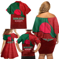 Bangladesh Family Matching Off Shoulder Short Dress and Hawaiian Shirt with National Flag Design and Bengali Script