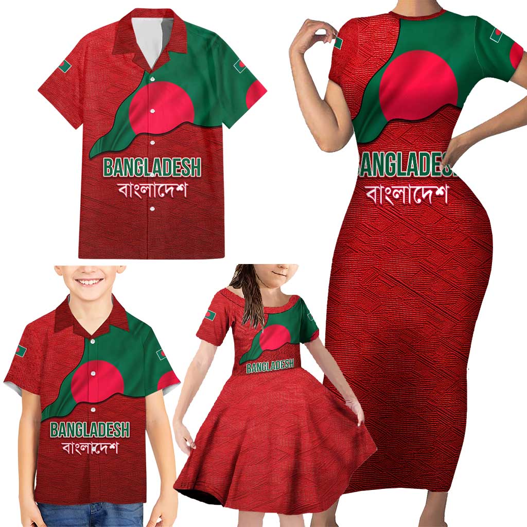 Bangladesh Family Matching Short Sleeve Bodycon Dress and Hawaiian Shirt with National Flag Design and Bengali Script