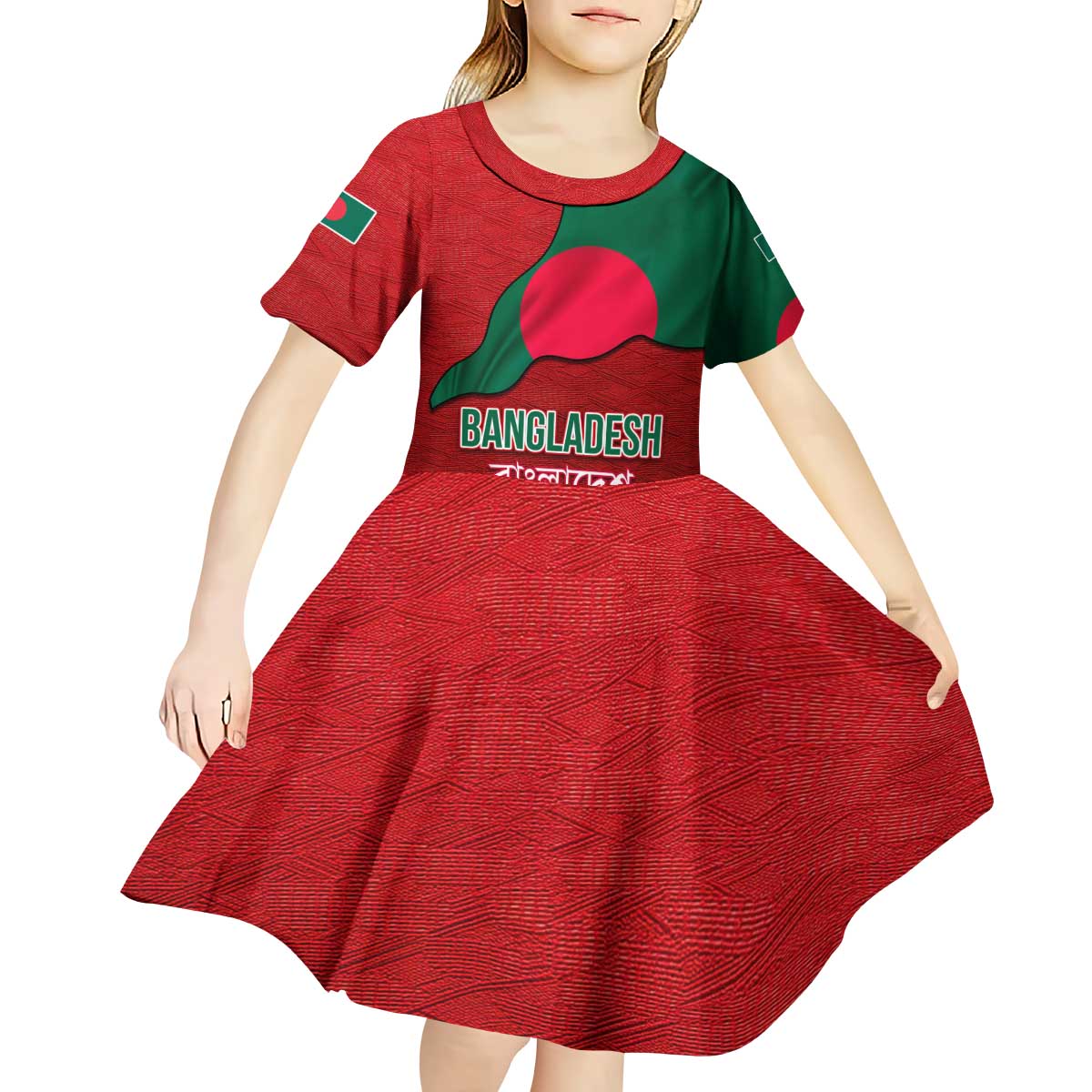 Bangladesh Kid Short Sleeve Dress with National Flag Design and Bengali Script