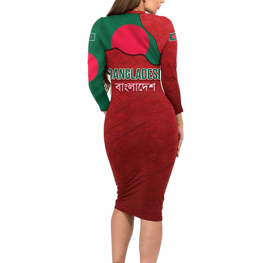 Bangladesh Long Sleeve Bodycon Dress with National Flag Design and Bengali Script