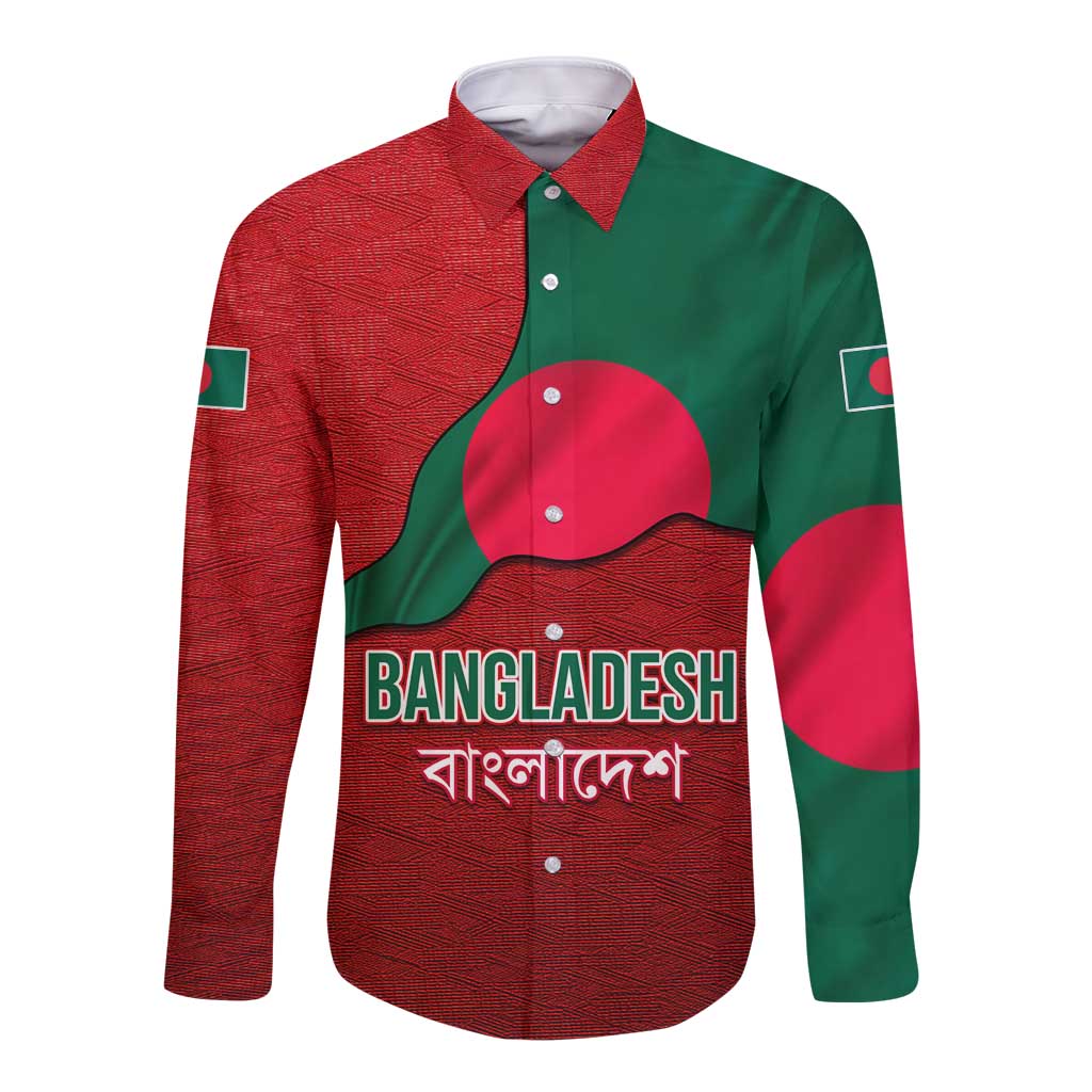 Bangladesh Long Sleeve Button Shirt with National Flag Design and Bengali Script