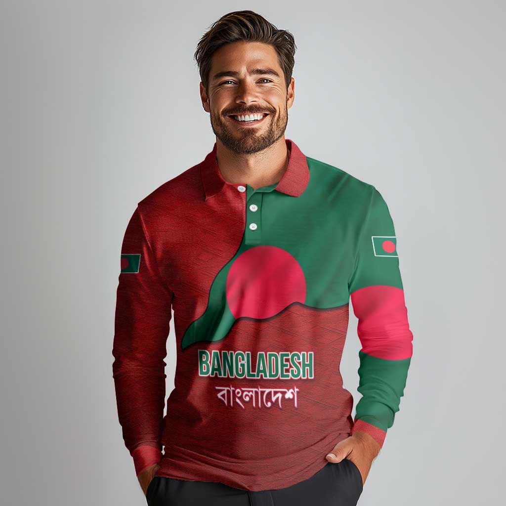 Bangladesh Long Sleeve Polo Shirt with National Flag Design and Bengali Script